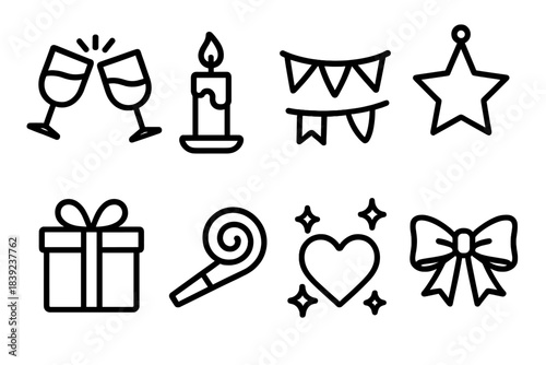 Festive Celebration Icons. Joyful Event Highlights linear set: clinking glasses, candle, bunting flags, star ornament, wrapped present, noise maker, heart sparkles, festive bow.