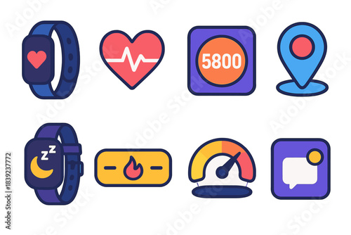 Smart Fitness Gadgets. Workout monitoring devices flat set: smart band, pulse tracker, pedometer tile, GPS tracker icon, sleep monitor, calorie strip, activity gauge, notification