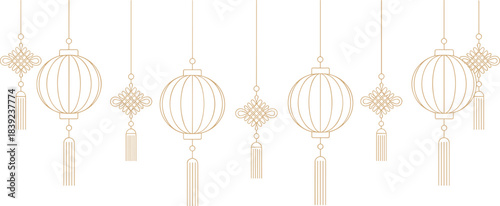 Elegant gold Chinese lanterns hanging in a horizontal line, minimalist festive decoration illustration for Lunar New Year and traditional Asian celebrations