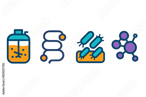 Microbial Fabrication Icons. Microbial Fabrication Systems flat set: bio-reactive chamber, enzyme route coil, microbial build cluster.