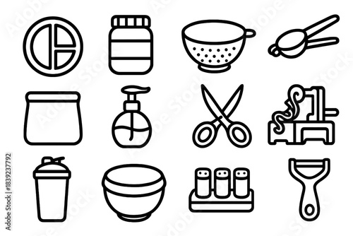Kitchen Tool Icons. Balanced Eating Tools linear set: portion dish, chill-safe meal jar, rinse-and-drain bowl, lemon squeezer, silicone pouch, oil diffuser pump, herb snip cutter,