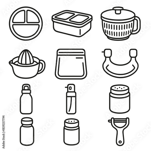 Healthy Meal Tools. Healthy Meal Accessories linear set: portion-control plate, stainless meal prep box, salad spinner, produce wash bowl, citrus squeezer, reusable snack bag, oil