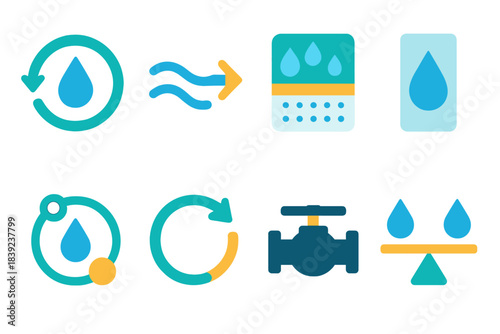 Water Recirculation Icons. Water Recirculation Modes flat set: circular droplet ring, treatment pathway arrow, filtration module tile, purified output bar, refill reservoir node,