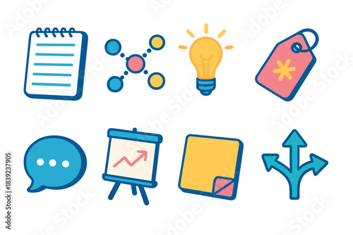 Isometric Idea Tools. Idea Generation Tools isometric flat set: notebook page, dotted mind map, inspiration spark, keyword tag, conversation bubble, flip chart, sticky tab,