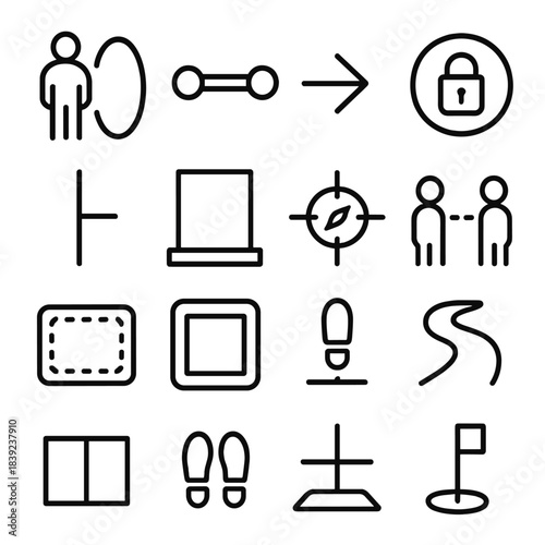 Abstract Boundary Icons. Boundary Awareness Set linear set: personal edge marker, limit bar, respectful direction arrow, protected space ring, clarity boundary cue, threshold tile,