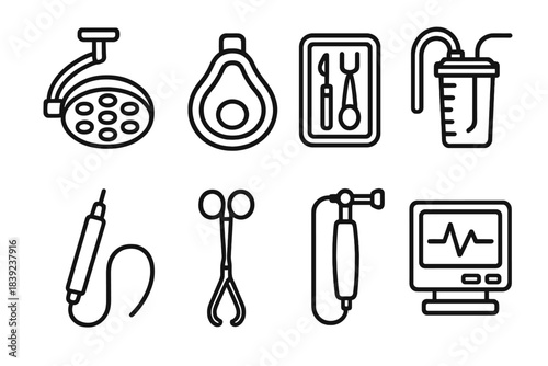 Surgical Instruments Icons. Medical Devices in Surgical Support linear set: surgical light, anesthesia mask, instrument tray, suction device, cautery pen, sterile drape clamp,