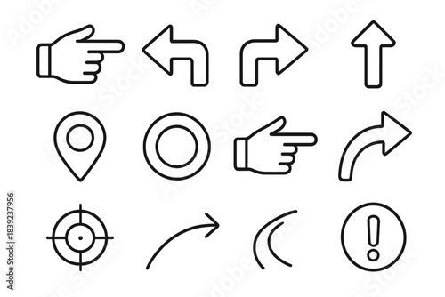 Guidance Icons Collection. Directional Guidance Set linear set: pointing finger, turn-left arrow, turn-right arrow, straight-ahead cue, map pointer, highlight circle, step-forward