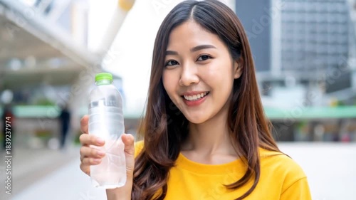 Woman holds water bottle in city.