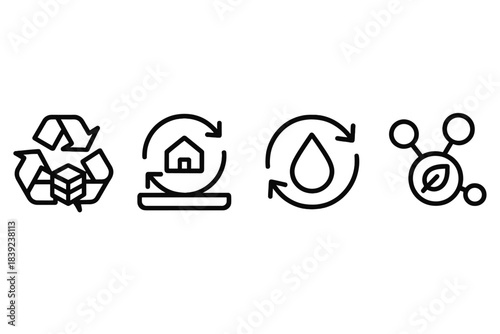 Efficient Resource Icons. Resource Efficiency Cycles linear set: material-reclaim loop, adaptive-distribution tile, sustainable-flow node.