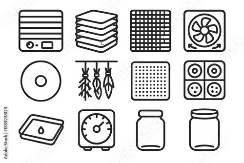 Food Dehydrator Icons. Food Drying Equipment linear set: electric dehydrator, stackable drying trays, mesh screen insert, airflow fan unit, temperature control dial, fruit leather