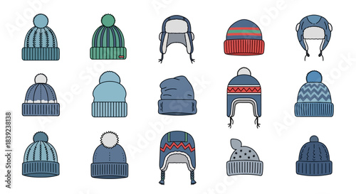 Stylish collection of diverse knitted winter hats and cozy beanies in a variety of colors and patterns, perfect concept for cold weather fashion and apparel design