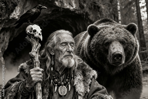 A black and white portrait of a wise, old shaman with a bear and a raven. He holds a magic staff with a skull at a cave entrance in a mystical forest.