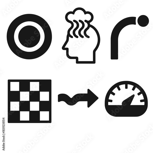 Brutalist Cognitive Icons. Cognitive Immersion Patterns silhouette set: deep-focus ring, immersive thought stream, sustained attention arc, absorption field tile, uninterrupted