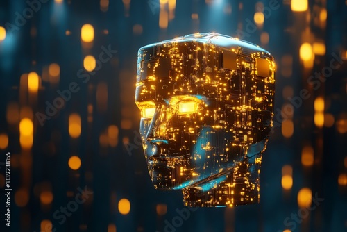 Robot head with glowing lights in a dark background creating a futuristic atmosphere