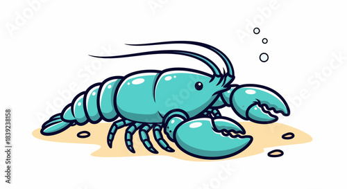Cartoon illustration of a vibrant blue lobster in aquatic environment.
