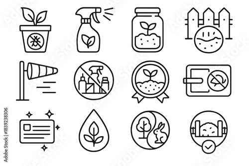 Eco-Friendly Pest Control. Safe & Green Pest Management Elements linear set: repellent herb pot, natural spray mist, sealed jar, barrier brush, airflow checker, clutter-free zone