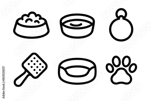 Pet Care Icons. Pet Care Essentials linear set: food bowl, water dish, collar tag, grooming brush, soft bed, paw print.