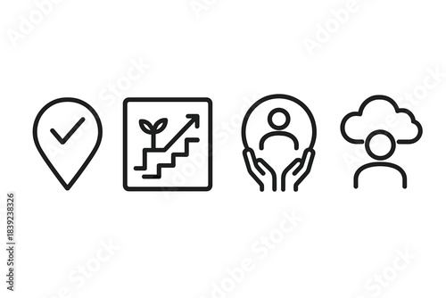 Employee Care Icons. Employee Care Frameworks linear set: check-in droplet, growth-path tile, steady-support marker.