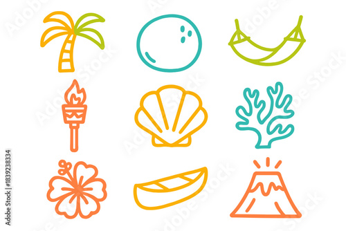 Colorful tropical icons for beach and summer fun with palm trees, seashells, and hammocks