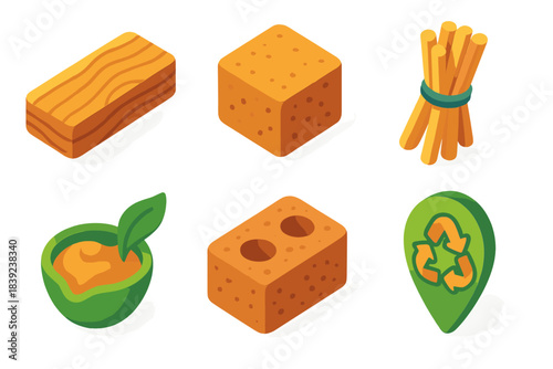 Organic Material Icons. Organic Structural Elements flat isometric set: wood plank, compressed earth unit, reed bundle, plant-based binder, soil brick, renewable material marker.