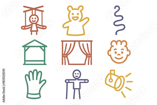 Colorful illustrations of puppetry elements and theatrical accessories showcasing creativity and playfulness in performance art