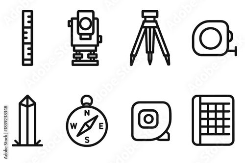 Survey Tools Outline Icons. Surveying and Measurement Tools linear set: leveling rod, theodolite, survey tripod, measuring tape, rangefinder, boundary marker, compass dial, grid