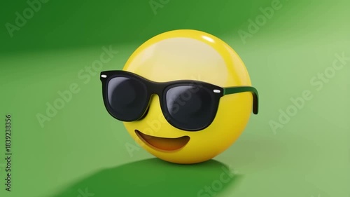 Cool 3D yellow emoji with sunglasses on a green background. Radiates a confident, cheerful attitude and positive summer fun vibe