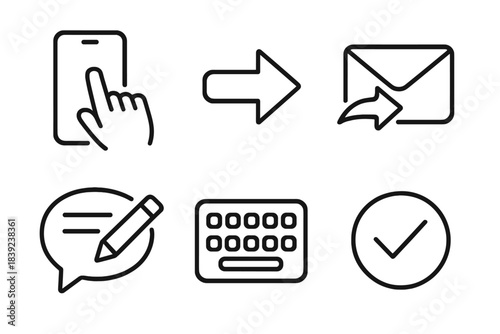 Solid Outline Reply Icons. Reply Actions linear set: tapping screen, sending arrow, reply form, keyboard keys, message draft, confirm check.
