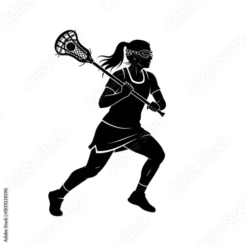 Female Lacrosse Player Silhouette Running with Stick and Goggles.