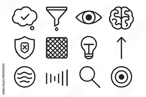 Icons of Focus. Focused Thinking Elements linear set: single-task bubble, clarity funnel, steady gaze symbol, cognitive pathway, distraction guard, mental filter screen, idea