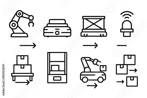 Automated Material Flow. Automated Material Flow Set linear set: robotic arm, AGV vehicle, automated shuttle, sensor beacon, buffer station, vertical lift module, sorting robot,