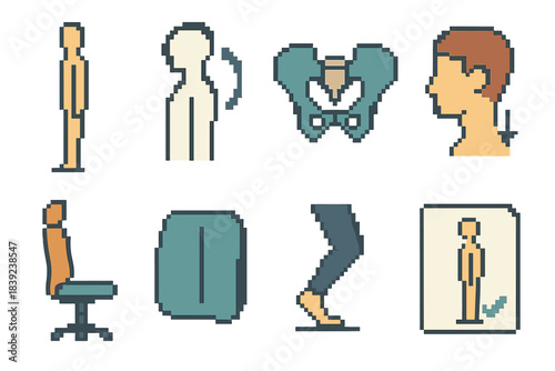 Pixel Posture Icons. Posture Alignment Set set of icons in flat pixel vector style: upright stance figure, shoulder roll cue, neutral pelvis icon, chin tuck symbol, ergonomic seat,