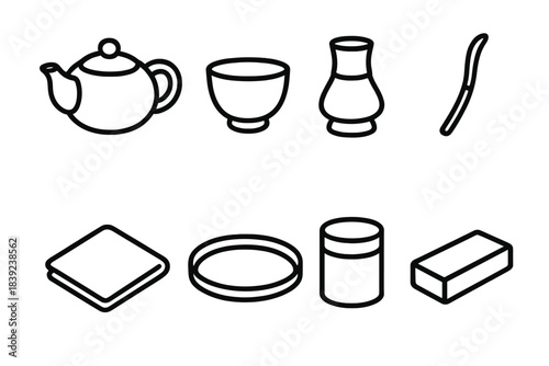Ceremonial Tea Set Icons. Ceremonial tea set pieces linear set: brew pot, tasting vessel, whisk holder, bamboo scoop, cloth square, tray plate, tea canister, rest block.