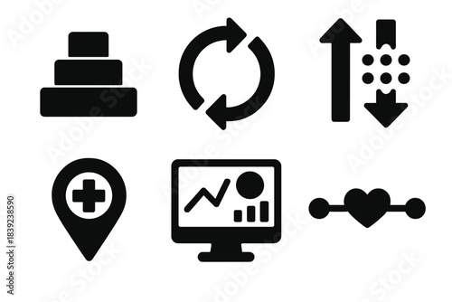 Brutalist Healthcare Icons. Integrated Care Systems silhouette set: multi-tier structure, coordination loop, data exchange symbol, monitoring dashboard, community clinic pin, care