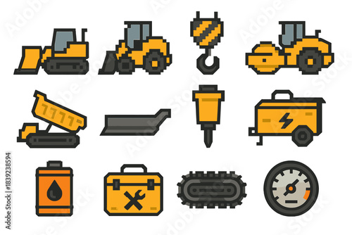 Construction Equipment Icons. Heavy Machinery on Site set of icons in flat pixel vector style: bulldozer blade, wheel loader, crane hook, compactor roller, dump truck bed, grader