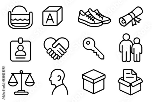 Stages of Life Icons. Human Journey Set linear set: cradle symbol, childhood toy block, study notebook, youth sneakers, achievement scroll, work badge, partnership heart, home key,