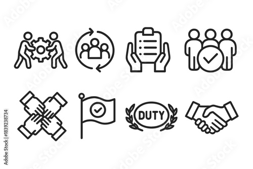 Icons of Shared Responsibility. Responsibility Sharing Symbols linear set: joint effort icon, teamwork cycle, co-managed list, group approval check, unity hands, shared goal post,