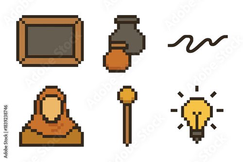 Old World Education Icons. Old World Scholarship set of icons in flat pixel vector style: wooden slate, pigment pot, script line icon, learner figure, teaching staff, idea spark.