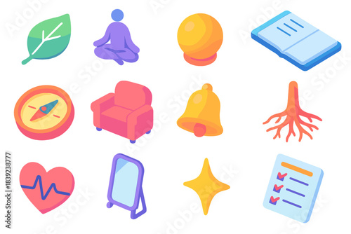 Personal Wellbeing Icons. Personal Wellbeing Set isometric flat set: serenity leaf, mindful posture, warm light orb, clarity notebook, emotional compass, comfort plush icon, gentle
