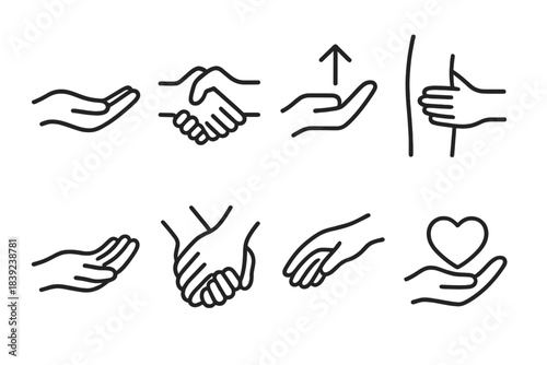 Supportive Icon Set. Aid & support elements linear set: gentle assist hand, cooperative grip, uplift gesture, guiding touch, comfort palm, partner hold, helpful reach, support