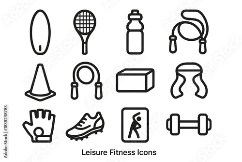 Leisure Fitness Icons. Leisure Fitness Collection linear set: paddle board silhouette, racket, stretch block, water flask, sprint cone, jump rope arc, yoga brick, tension band,