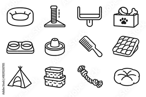 Pet-Friendly Icon Set. Pet-Friendly Household Items linear set: padded bed, corner scratcher, pet shelf, toy chest, feeding tray, water fountain, grooming comb, cozy blanket, rest
