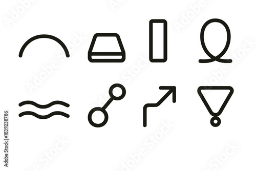 Emotional Icons Outline. Emotional strength motifs linear set: steady arc, grounded tile, clarity bar, resilience loop, calm wave strip, support node, recovery icon, stability