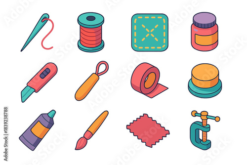 Isometric Repair Icons. Artful Repair Methods isometric flat set: stitching needle, thread bobbin, mend patch, pigment jar, craft knife, sculpting tool, binding tape, polishing pad