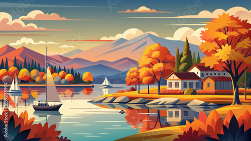 Very beautiful Burlington Vermont waterfront along Lake Champlain, showcasing calm reflections, autumn colors, and distant mountains under soft warm light for elegant landscape compositions.