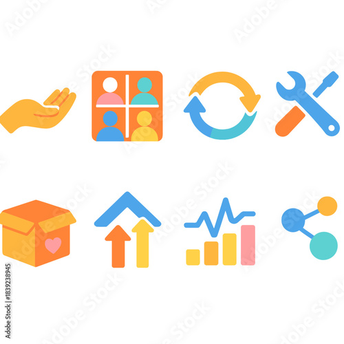 Bright Volunteer Icons. Service & Volunteer Symbols flat set: helping gesture icon, community-emblem tile, support loop ring, action toolkit patch, donation crate, teamwork arrow,