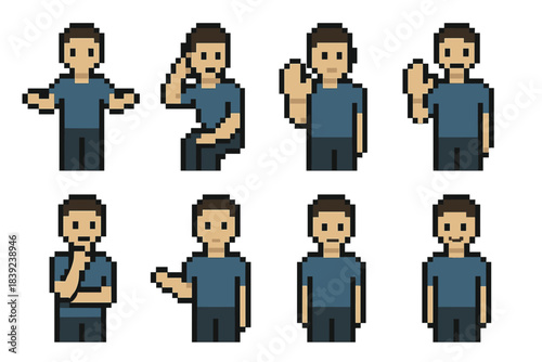 Unspoken Cues Icons. Unspoken Cues Collection set of icons in flat pixel vector style: open posture, listening lean, subtle smile, caution hand, friendly wave, thinking chin touch,