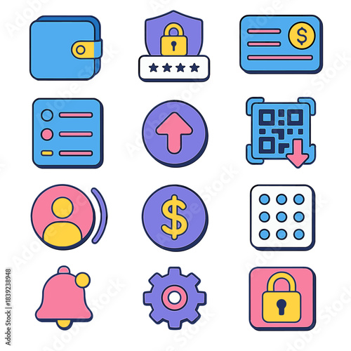 Isometric Wallet Icons. Digital Wallet Basics isometric flat set: wallet app icon, secure login pad, balance display, transaction list, send button, receive QR code, contact pay