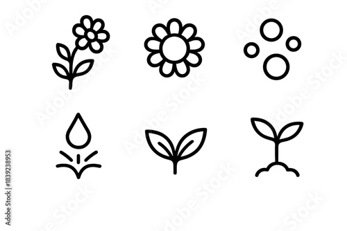Pollinator Plant Icons. Pollinator Plant Collection linear set: flowering stem, bright petal ring, pollen grains, nectar symbol, small leaf pair, sprout icon.