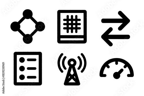 Brutalist Icon Set. Decentralized Trace Systems silhouette set: peer node icon, hashed record block, traceability arrow, audit trail panel, sync beacon, integrity meter.